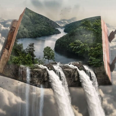 book with waterfalls pouring out of it, representing fantasy writing prompts