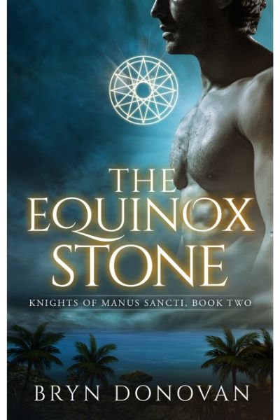 The Equinox Stone by Bryn Donovan. Shirtless man, beach with palm trees, twelve pointed star. #best BBW romance #romance with a plus size heroine #romance books with bisexual heroes #best paranormal romance 2020 #bisexual main characters #amnesia romance