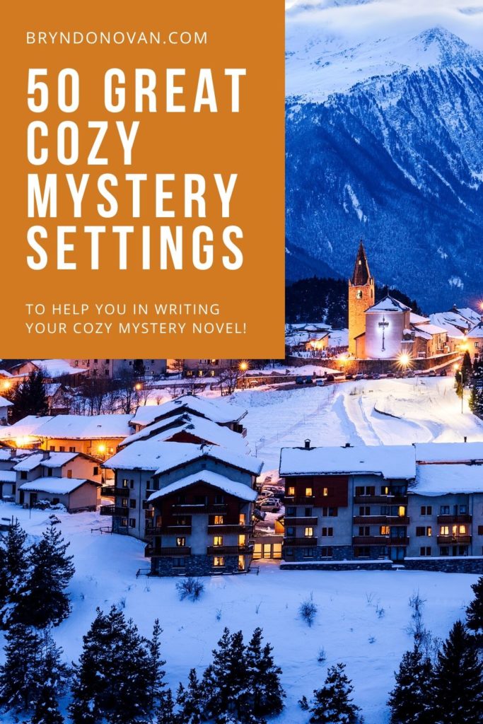 50 COZY MYSTERY SETTINGS to Help You In Writing a Cozy Mystery Novel (image of Alaskan town in the mountains) #cozy crime #cozy murders #cozy mystery genre #cozy mystery setting ideas #gentle reads #how to write cozy mysteries