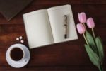 journal, coffee, tulips, pen