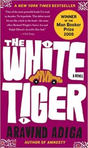 Cover of the book THE WHITE TIGER, featuring a tiger-striped car #awesome books to read #books set in foreign countries #global reading challenge #read around the world #world reading challenge