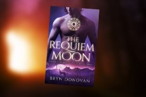 cover of the book REQUIEM MOON by Bryn Donovan. Shirtless Asian man, 12 pointed star, wolf