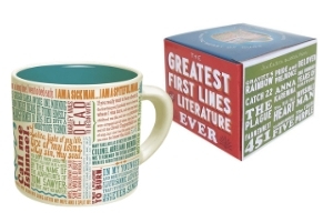 mug featuring many "greatest first lines from literature ever," with gift box