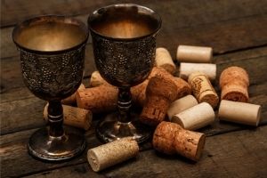 medieval beverages in chalices and wine corks