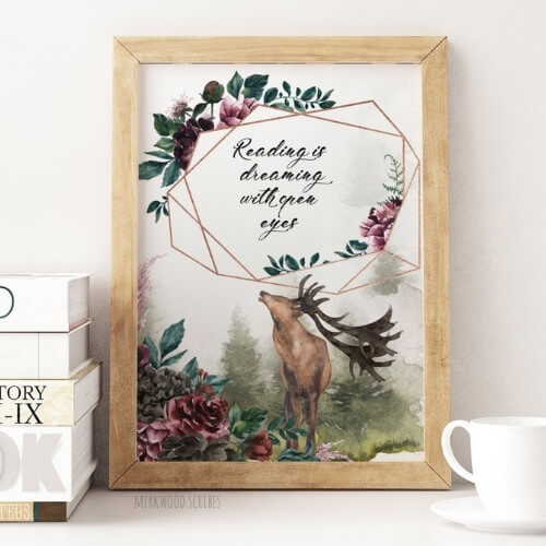 "Reading Is Dreaming With Eyes Open" framed print with deer design