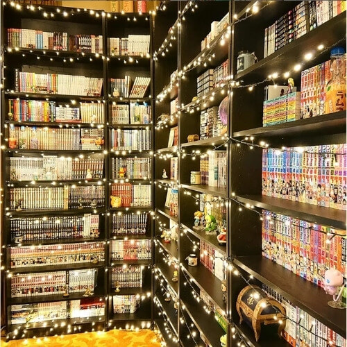 bookshelves decorated with many strings of twinkly lights