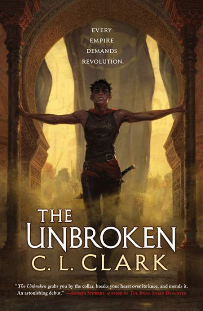 young warrior woman in ancient doorway: book cover, The Unbroken, C.L. Clark