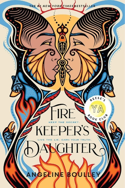 Two tattooed faces, flames on the cover of The Fire Keeper's Daughter by Angeline Boulley