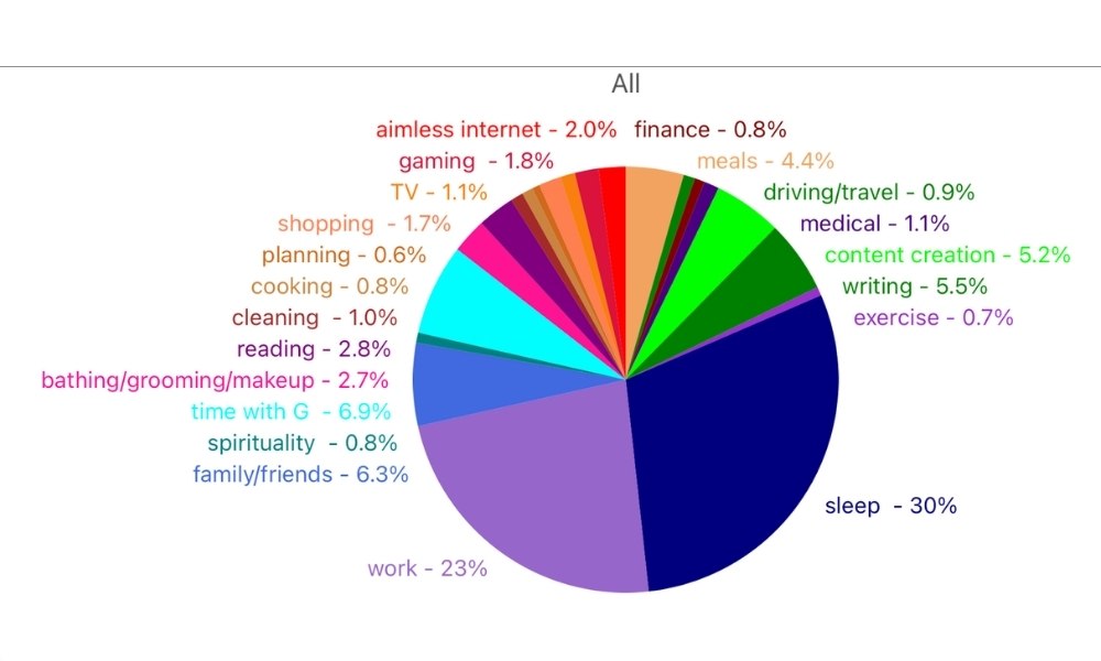 June 2022 time tracking pie chart. Biggest categories: sleep, work, "time with G," family/friends