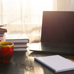 computer, books, coffee, window