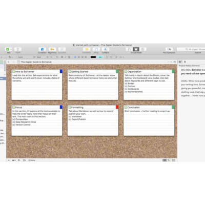 cork board feature on Scrivener writing app