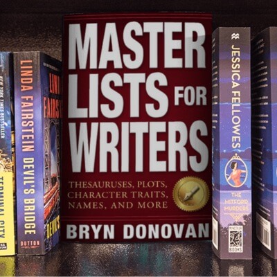 the book MASTER LISTS FOR WRITERS by Bryn Donovan on the shelf between two murder mystery novels