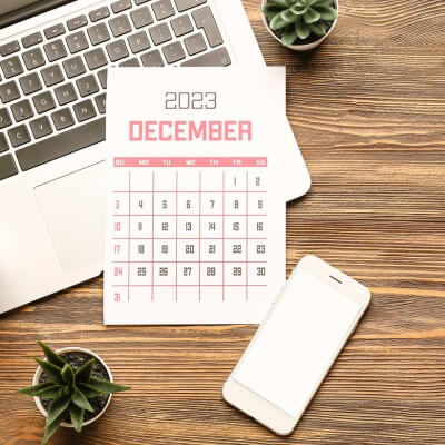 December 2023 calendar, keyboard, plants, iPhone