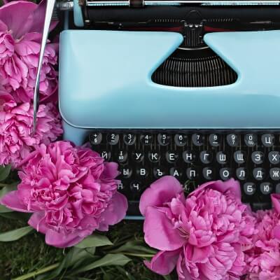 typewriter and peonies