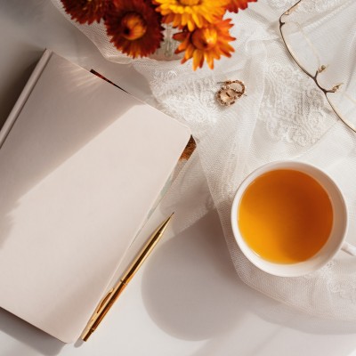 journal, mums, tea