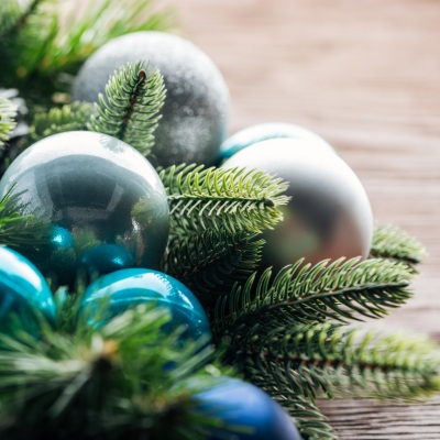 christmas ornaments and pine boughs