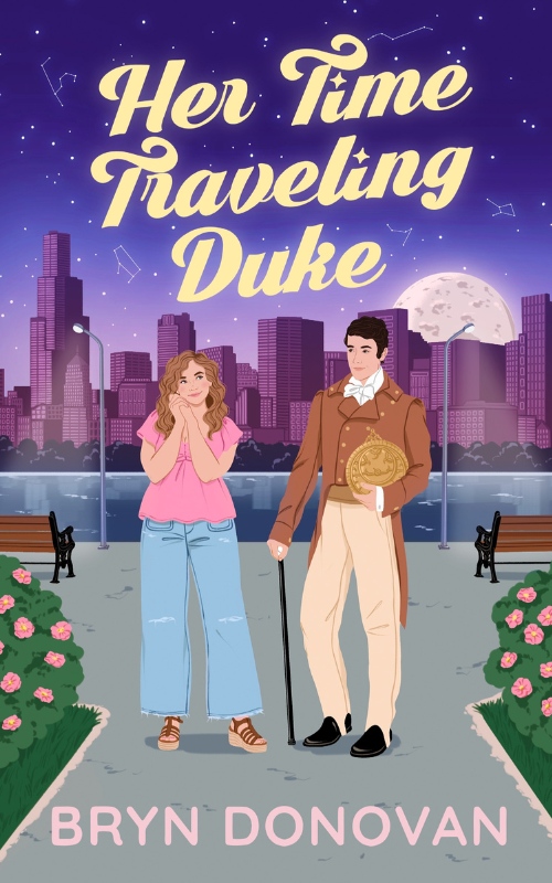 Her Time Traveling Duke Cover Reveal - featuring a smitten modern woman and a Regency duke, in romcom illustrated style, with the city of Chicago in the background!